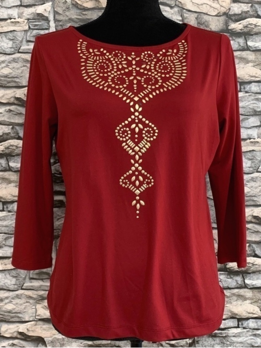 #69 Ruby Rd Petite Red Wine Jeweled Embellished 3/4 Sleeve Blouse Shirt Top PS